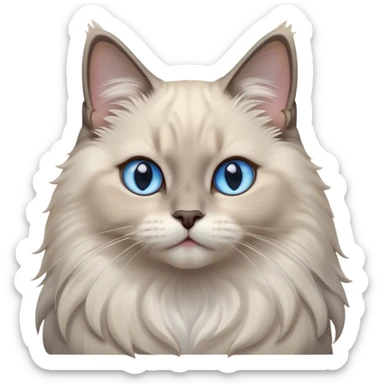Cinematic Adorable Fluffy Light Grey Mantle Ragdoll Cat Portrait Emoji, Head tilted cutely with big, sparkling blue eyes, soft light grey fur with darker points on the ears, face, and paws, Simplified yet irresistibly adorable features, highly detailed, glowing with a soft, warm glow, high shine, yawning in a peaceful and playful manner, stylized with a touch of whimsy, bright and endearing, soft glowing outline, capturing the essence of a relaxed and loving kitten, so cute it feels like it could leap out of the screen and stretch into a cozy nap! sticker