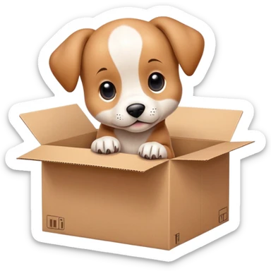  A very cute young puppy  with one's head tilted to one side poked its paws out of the cardboard big box and placed them on top of it sticker