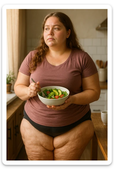 Donna con Lipedema che fa la dieta per migliorare anche a causa della sua PCOS, immagine realistica sticker