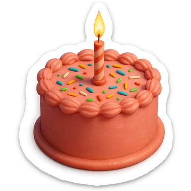 Draw a Pixar-style birthday cake with pink frosting and a single candle. The cake should be visible from the front and top. sticker