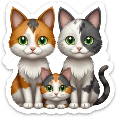 3 different coloured small cats including a dark grey and white, and a patchy calico with hazel eyes and a completely solid dark grey with green eyes and only white paws sticker