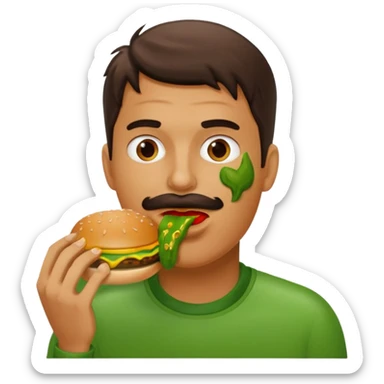 Show a man eating a burger covered in green chili sticker