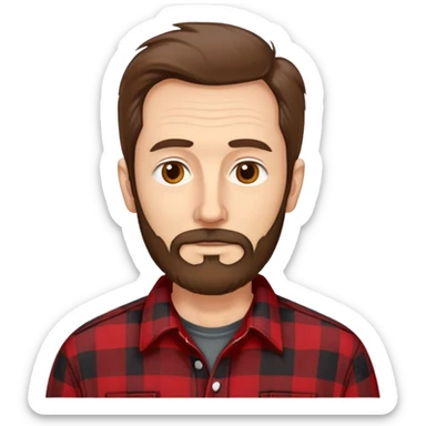 Thin man in his 50s with light complexion. Narrow face with pronounced cheekbones. Unkempt brown hair sticking up in places. Scruffy, uneven brown beard. Wearing a red and black checkered flannel shirt that hangs loosely on his lean body. sticker