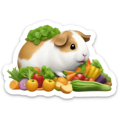 Guineapig eating a huge pile of veggies and fruit sticker
