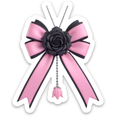 3D emoji style pink bow with gothic effect, pastel pink satin, black rose center, and silver chain fringe sticker