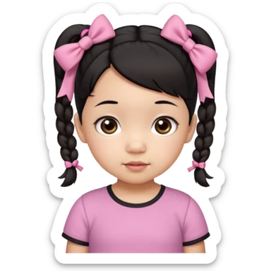 mixed 1 year old girl asian and american with short pigtails and cute bows i dark brown/black hair with big brown eyes emoji in a pink shirt sticker