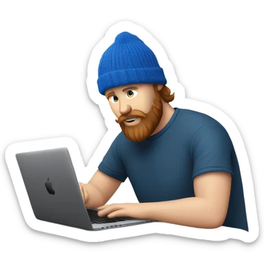 white man with blue beanie and chestnut beard working on his black macbook laptop and looking down with his eyes sticker