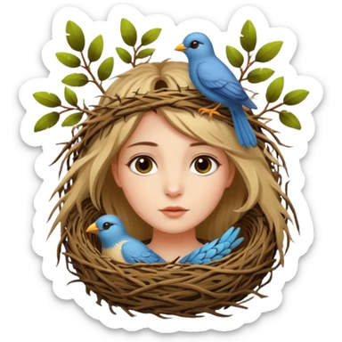 girl with bird nest over her head  sticker