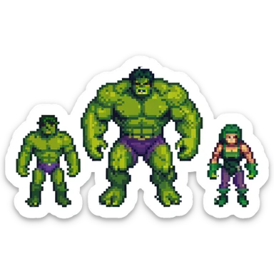 Classic Savage Hulk, Gray Hulk, and Professor Hulk forms in 8-bit style sticker