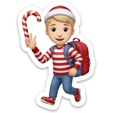 A boy waving a candy cane happily, backpack bouncing as he moves. sticker