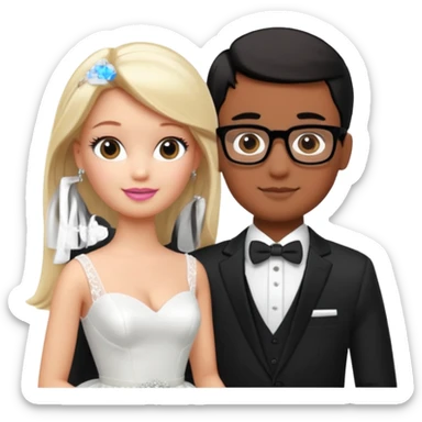 pretty light blonde girl barbie wedding to boy nerd with short black hair and dark tan skin sticker