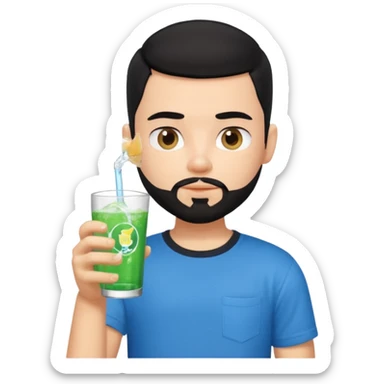 generate a pretty bratz boy with a buzz cut black hair, drinking sprite, bearded, blue tshirt sticker