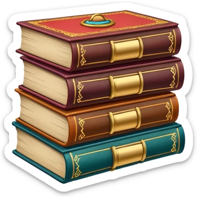 A stack of colorful spellbooks that look like they came out of a fine victorian library sticker