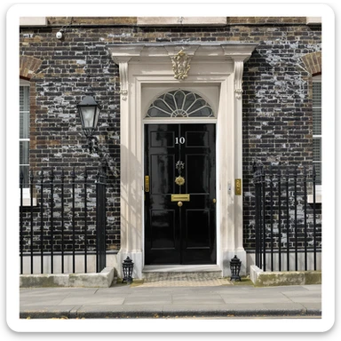 Zoom out for a wider angle view of 10 Downing Street in London, isolated against a white background. Maintain the cinematic, realistic style with the iconic black door, Georgian brick facade, lifelike detail, accurate colors, and bright lighting. Do not change anything else. sticker