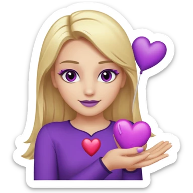 twitch emote, kinda chibi style. blonde hair: long, straight, no bangs. gray eyes. an eyebrow with a slit. purple eyeshadow/eyeliner with gold eyeshadow. only face and arms, hands visible. happy, holding a purple heart. white background. sticker