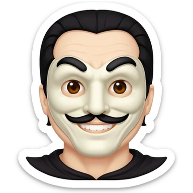 full face masked man, evil, serial killer, creepy, black hair, older, shoulders, smiling sticker