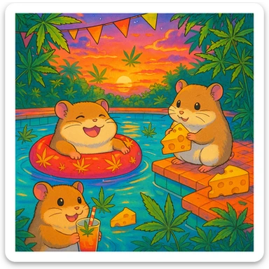 square colorful pool party scene at sunset with up to 3 hamsters, weed leaves, cheese, and THC theme, extra vibrant, dreamy, nostalgic, fun, inviting, summer party vibe, clear composition, no disco ball sticker
