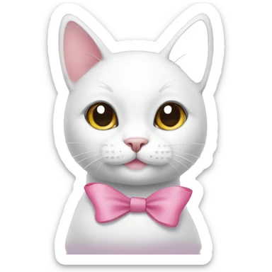 white cat with grey spot on head smiling with a pink bow  sticker