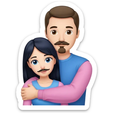 Tall white man with brown mustache goatee wearing blue hugging a short pale woman with long black hair wearing pink sticker