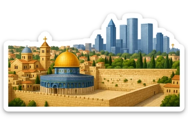 Remove the sky from the Jerusalem and Tel Aviv emoji, keeping everything else exactly the same: wide city view with Dome of the Rock, Western Wall, Church of the Holy Sepulchre, Tel Aviv skyline with Azrieli Center, lifelike detail, accurate colors, bright daytime lighting, fully transparent background, no clouds. Do not change anything else. sticker