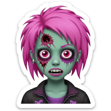 girl, zombie, pink coily hair, medium long, emo, shaggy, dark, spooky, piercing on eyebrow, colourful teeth, creepy blank expression sticker