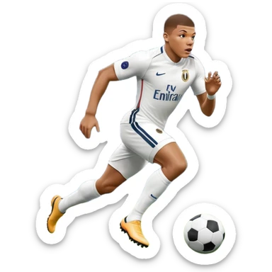 An icon showing Kylian Mbappé running with the ball on a football field during a match. The design captures his speed and focus, with dynamic motion lines and a vibrant background of the field and stadium lights. Transparent background emphasizes the action. sticker