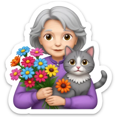 old woman holding bouqet and cat sticker