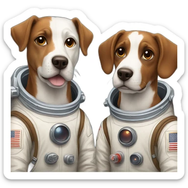 Two dogs, one brown and the other white with brown spots, both wearing astronaut suits. sticker
