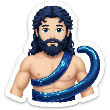 Neptune, God of Sea from Roman Deities with long jet black wavy hair and beard, dark blue sequin toga sticker