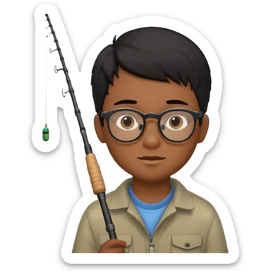 boy with brown skin, glasses, straight black hair, brown eyes, and a fishing pole  sticker