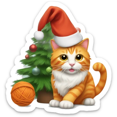 orange cat with a santa hat playing with yarn by a christmas tree sticker
