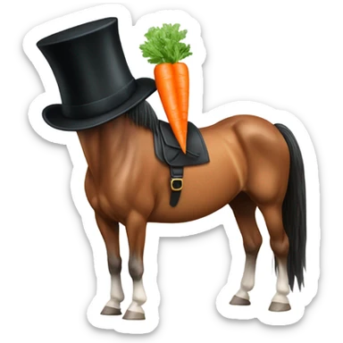 A horse with a top hat and eating a carrot  sticker