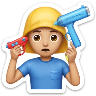 an emoji that is looking sad and scared holding a water gun facing its head sticker