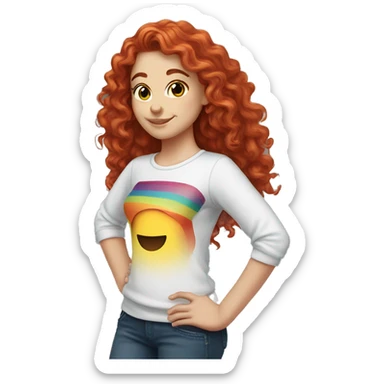 white girl with long red curly hair, wearing a rainbow shirt doing a pose sticker