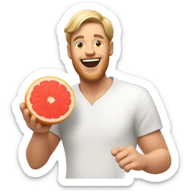 Excited white man holding a grapefruit sticker