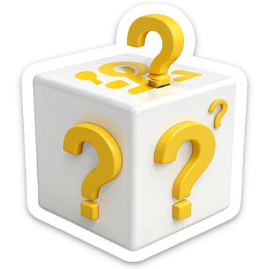 white cube shaped box printed with "q&a" over stuffed with yellow question marks sticker