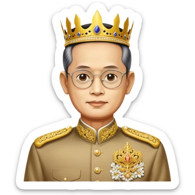 Cinematic Realistic King Bhumibol Adulyadej Portrait Emoji, depicted as a revered Thai monarch with a dignified expression and traditional royal attire, rendered with lifelike textures and soft regal lighting that captures his lasting legacy. sticker
