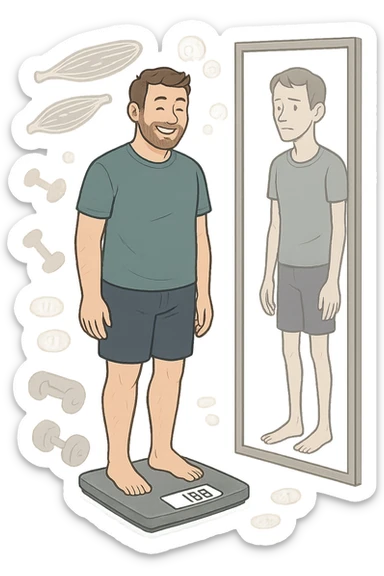 a man stands on a scale, smiling at the lower number, but his reflection in a nearby mirror shows a thinner, but also visibly weaker and less muscular body. Around him, floating icons or faded images of muscle fibers and dumbbells highlight the overlooked loss of muscle mass. The mood is cautionary and educational. in italiano sticker