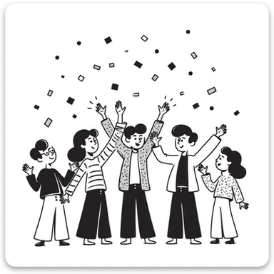 sketch of Texans celebrating victory in Mexico City, hand-drawn lines, confetti sticker