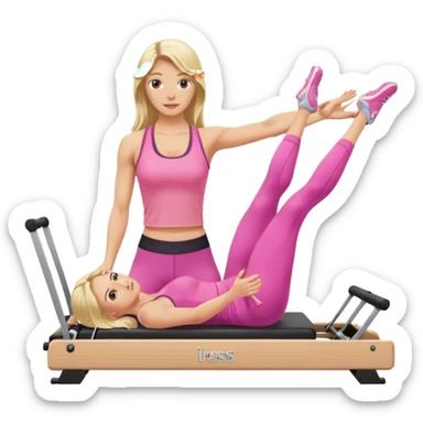 long haired blonde pilates instructor teaching reformer in pink set sticker