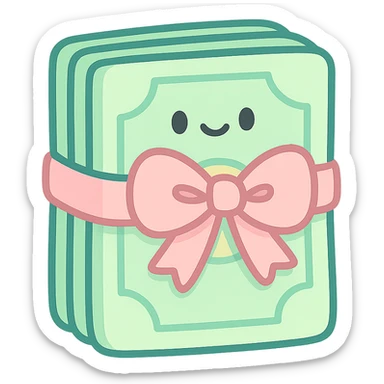 a stack of money in pastel colors, tied with a pastel pink bow, soft and cute sticker