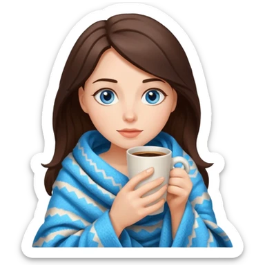 Brunette blue-eyed woman drinking coffee, with a cozy blanket sticker
