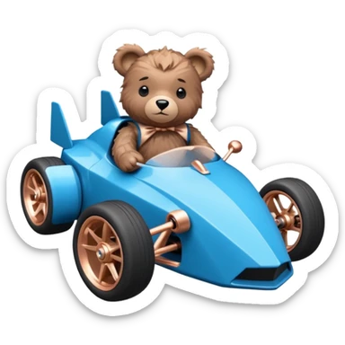 dark crystal blue and rosegold-accented faceted-body rc racing car driven by a small cute but fearless teddy baby bear with rear spoiler, roll bar, and wheely bar sticker