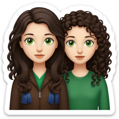 Two besties: 1: long fully straight darkbrown hair, green eyes 2: long curly darkbrown hair sticker