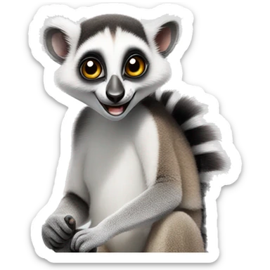 A smart lemur sits sideways, looks at us, shows a thumbs up on its upper paw and smiles sticker