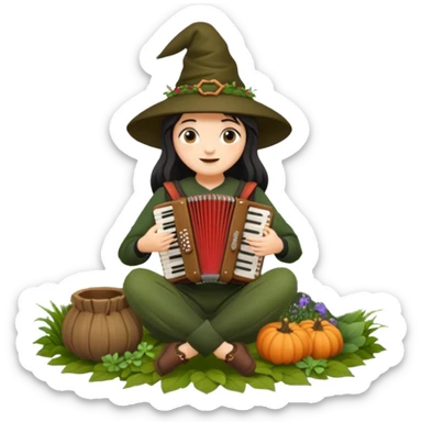 cozy woodland witch woman playing small accordion, surrounded by herbs sticker