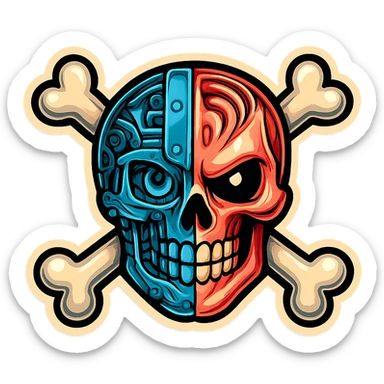 Render this skull and crossbones with mechanical and organic details in retro sticker style, bold outlines, vibrant colors, and a clean, sticker-like look. sticker