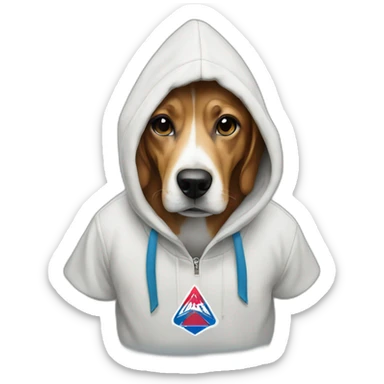dog wearing a hoodie with palace logo on it sticker