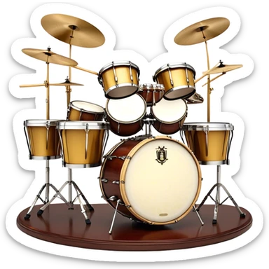 Create a professional, emblem-like emoji representing percussion instruments, including both traditional and folk drums. Feature a snare drum, bass drum, timpani, cymbals, marimba, tambourine, djembe, bongos, cajón, triangle, castanets, and ratchets in a balanced, heraldic composition. Crossed drumsticks at the center symbolize rhythm, while a ribbon of musical notes weaves around the instruments. Use rich gold, mahogany, and silver tones with polished highlights. Add laurel wreaths and subtle engravings for a grand, festive feel. The design should be harmonious, visually complete, and on a transparent background. sticker
