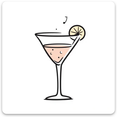 A fancy cocktail glass with decorative garnish in pastel colors (dd9fb0, ffc6d3, a3bfc9, c4bee2, f1b091), hand-drawn doodle style sticker